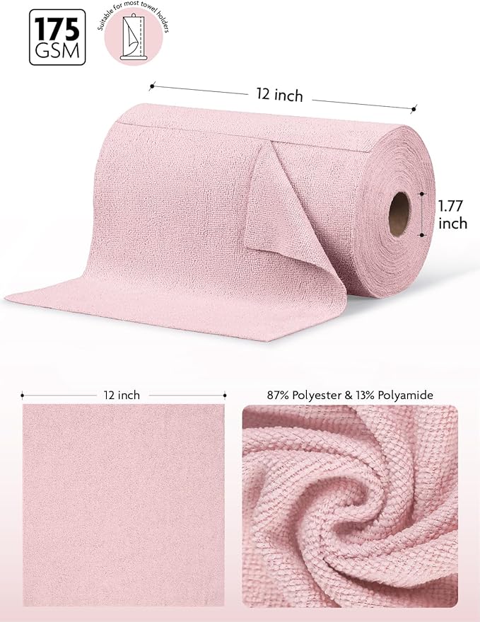 Fantasticlean Microfiber Cleaning Cloth Roll - 150 Pack, Tear Away Microfiber Towels, 12" x 12", Reusable, Washable, Ultra Absorbent Dishcloth for All-Around Cleaning Supplies (2 Rolls of Pink)