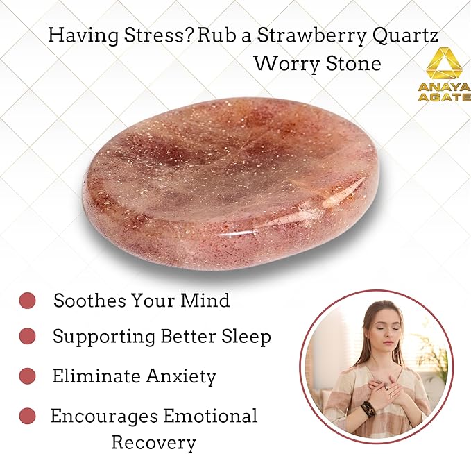 Strawberry Quartz Worry Stones – Crystal Thumb Worry Stone for Anguish, Stress – Relaxing and Soothing Balance Stones for Meditation, Stress Relief – Healing Stones and Crystals for Men and Women