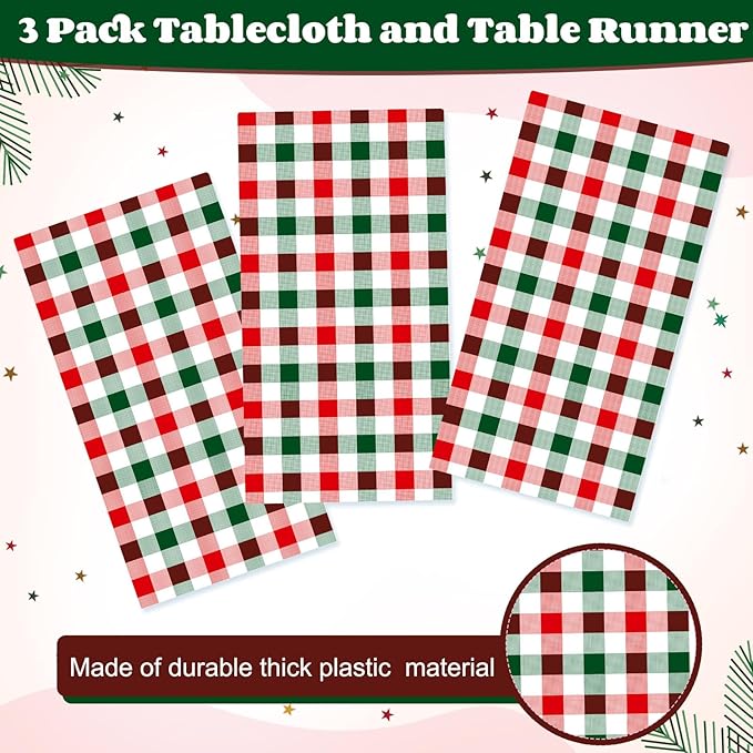Ganeen 3 Pcs Christmas Buffalo Plaid Tablecloths Disposable Plastic Red and Green Checkered Table Cloths Waterproof Rectangle for Winter Christmas New Year Holiday Party Decor, 54 x 108 Inch