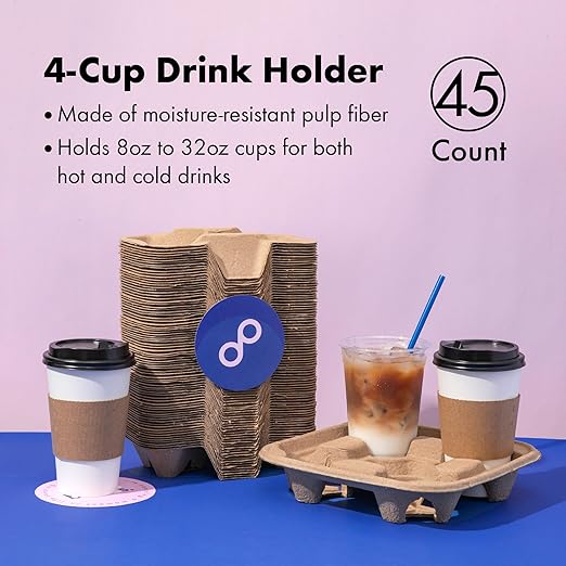 FMP Brands 4 Cup Disposable Drink Carrier Trays, 45 Pack Compostable Pulp Fiber Cup Holder for 8-32 oz Cups, Durable To Go Coffee Cup Holders for Delivery Service, Uber Eats