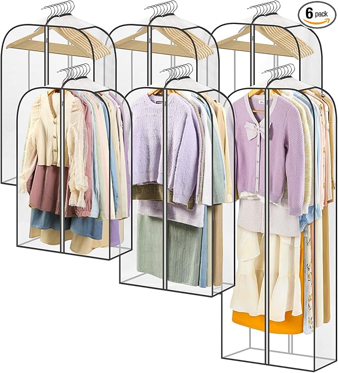 LANDNEOO 6 Pack Clear Garment Bags for Hanging Clothes with Zippers on Double Sides - 32&40&60" Long Suit Bags - 10'' Clothes Storage for Coat, Dress, and Fur in Closet