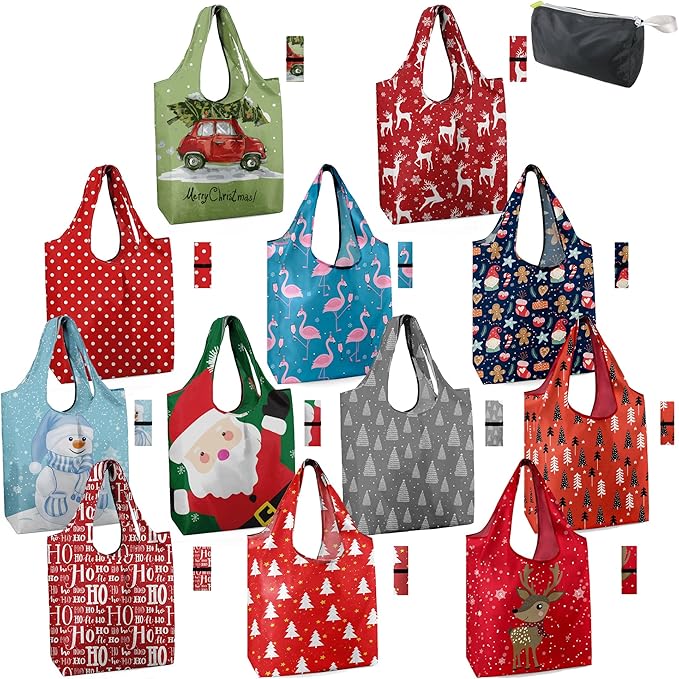 BeeGreen Christmas Reusable Shopping Bags, 12-Pack with Zipper Storage Pouch, Christmas Gifts Grocery Bags in Bulk with Elastic Band, 50LBS, X-Large, Foldable, Machine Washable, Santa Deer Snowman
