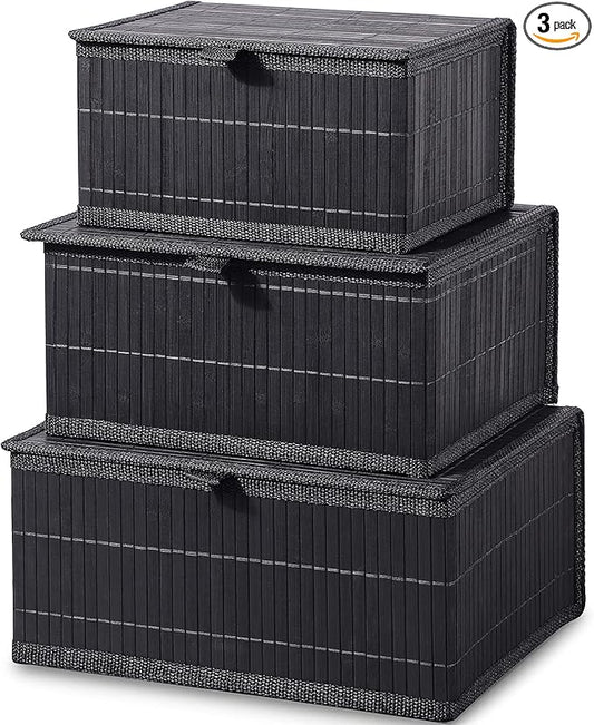 Honygebia Bamboo Decorative Storage Boxes - Set of 3 Woven Lined Storage Basket with Lids, Black Wicker Lidded Baskets for Home Kitchen Shelf Organizer Decor