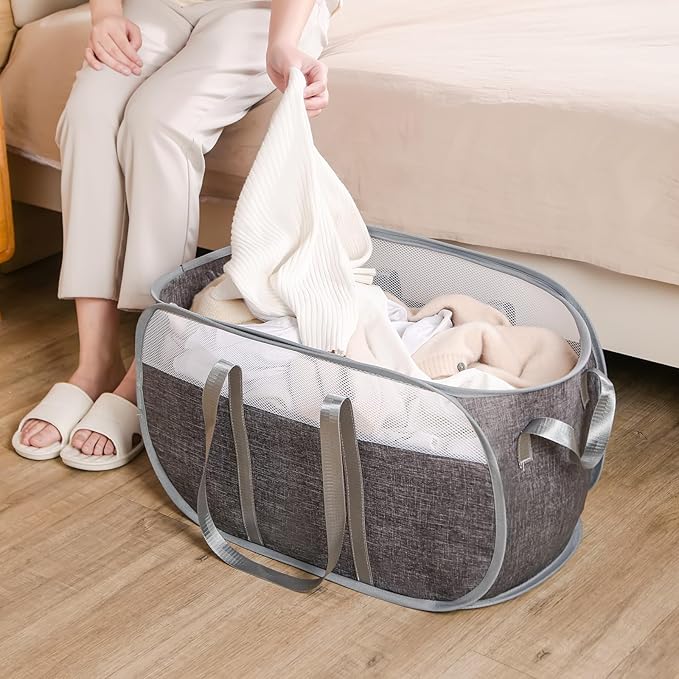 Pop-Up Laundry Basket, Collapsible Mesh Laundry Hamper – With Extended Shoulder Straps, Sturdy Handles, and Premium Cationic Fabric (gray)…
