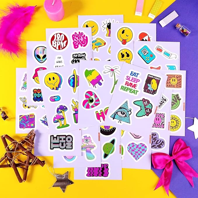 BulbaCraft Rave Stickers for Water Bottle and Laptop - Trippy Stickers, Psychedelic Party Favors & Decorations, Waterproof Vinyl Festival Decals, Gifts for Women & Men