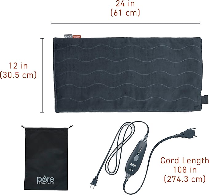 Pure Enrichment PureRelief Pro Far Infrared XL Heating Pad - Muscle Relief for Back, Neck, Shoulder, & Knee Pain in Athletes, 4 Heat Settings, Dry/Moist Heat, 12” x 24” Extra-Long Size (Iron Gray)