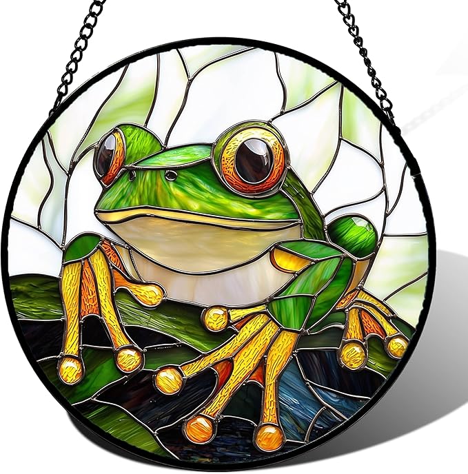 Stained Glass Window Hanging, Green Frog White Petals Sun Catchers Colorful Glass Panel Cute Suncatcher Decor for Birthday for Women, Men, Wife, Aunt, and Mom 14.9x14.9 in