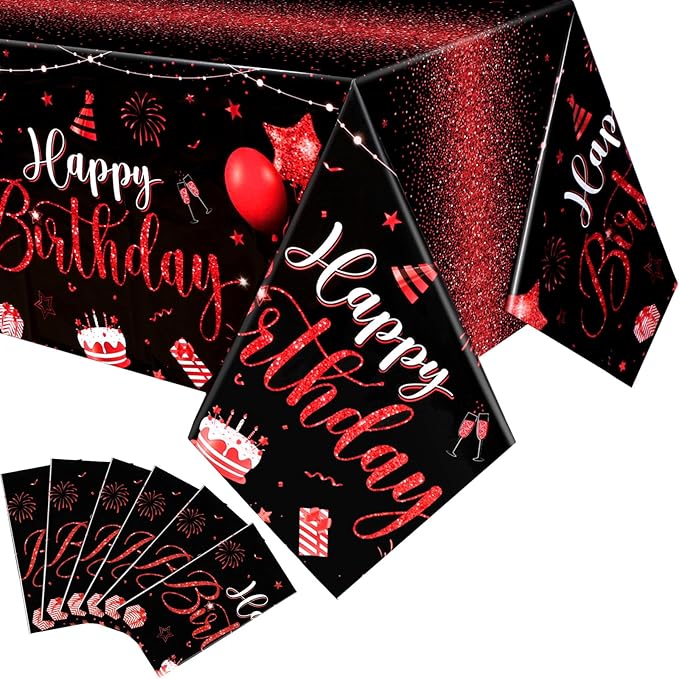Tudomro 6 Pcs Happy Birthday Tablecloths Happy Birthday Party Decorations Plastic Table Cover Rectangular Cloths for Women Men Baby Shower Party Supplies, 108 x 54 Inch (Black Red)