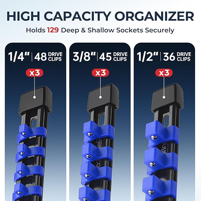 9-Piece Socket Organizer Set - 1/4-Inch x 48 Clips, 3/8-Inch x 45 Clips, 1/2-Inch x 36 Clips, Heavy Duty ABS Socket Holder, Premium Quality Socket Clip Rail Holder for Tool Box Drawer