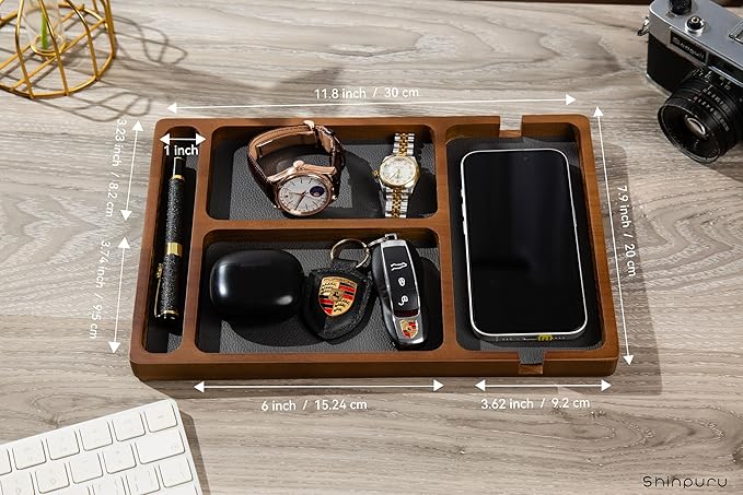Shinpuru Wooden Valet Tray with Leather Inlay - Nightstand & Desk Organizer - EDC Essentials Catchall Tray for Keys, Phone, Wallet, Watch, Earbuds - Stylish Storage (Wood-Pen)