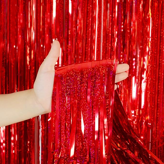 Red Foil Fringe Curtains Party Decorations – 3 Pack 3.2 x 8.2 ft Shiny Tinsel Backdrop for Valentine’s Day, Birthday & Photo Booth