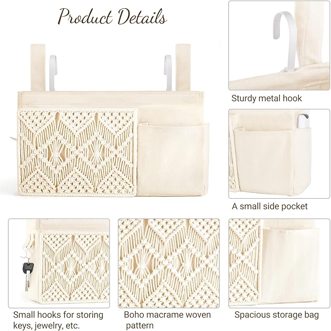 Mkono Bedside Caddy Hanging Organizer, Boho Macrame Storage with Fixed Straps and Hooks, 4 Pockets Holder Remote Magazine Accessories for Home Loft Bunk Bed, Dorm, Hospital Beds