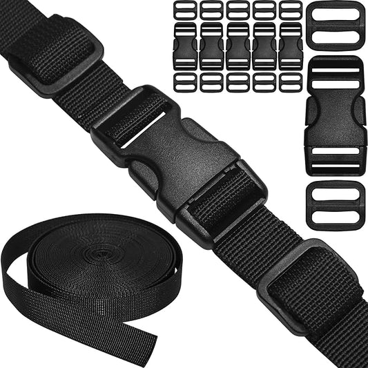 3/4" Straps and Buckles Set: 6 Yard Nylon Webbing 0.75 inch (20 mm) Wide, 6 Pack Side Release Buckle, 12 pcs Tri-Glide Sliders, Plastic Clips Quick Fasteners Replacement Dual Adjustable No Sewing