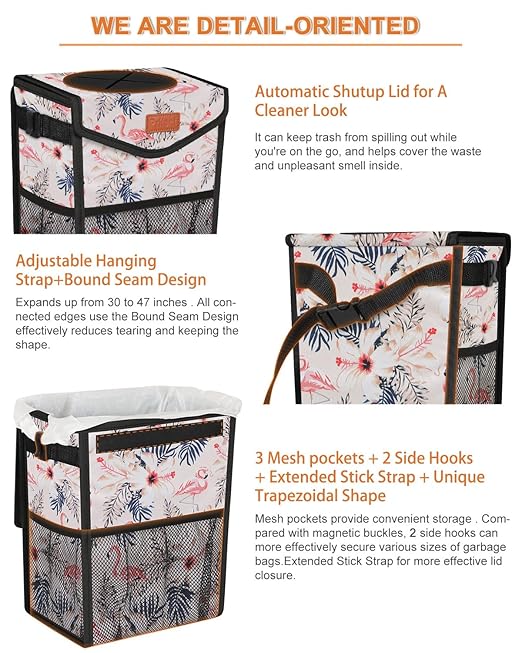 Pritent Car Trash Can with Lid, Cute Leakproof Car Trash Garbage Bag, Hanging Vehicle Trash Bin, Small Portable Automotive Garbage Cans Organizer for Back/Front Seat/Console (2.8 gal, Flamingo Print)