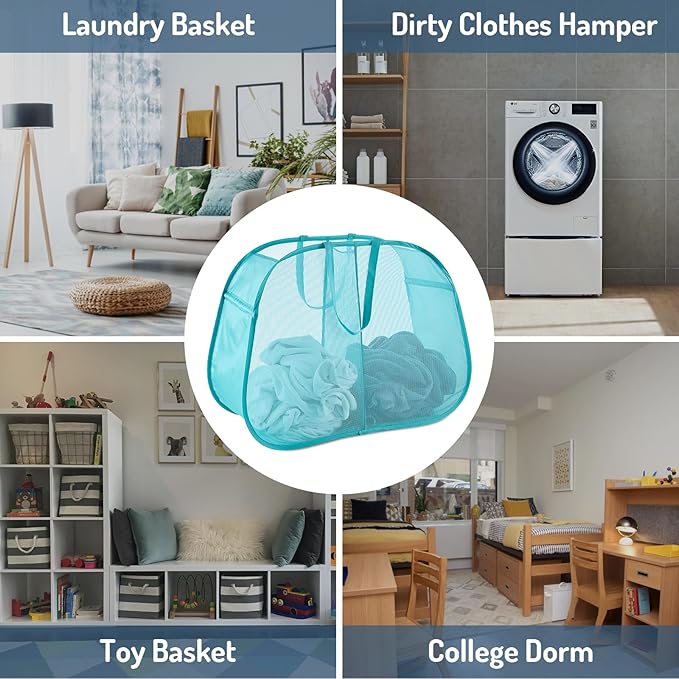 Mesh Popup Laundry Hamper 2 Compartment, Collapsible Laundry Sorter Basket Foldable Hamper for Clothes, College Dorm, Travel (Turquoise Blue)