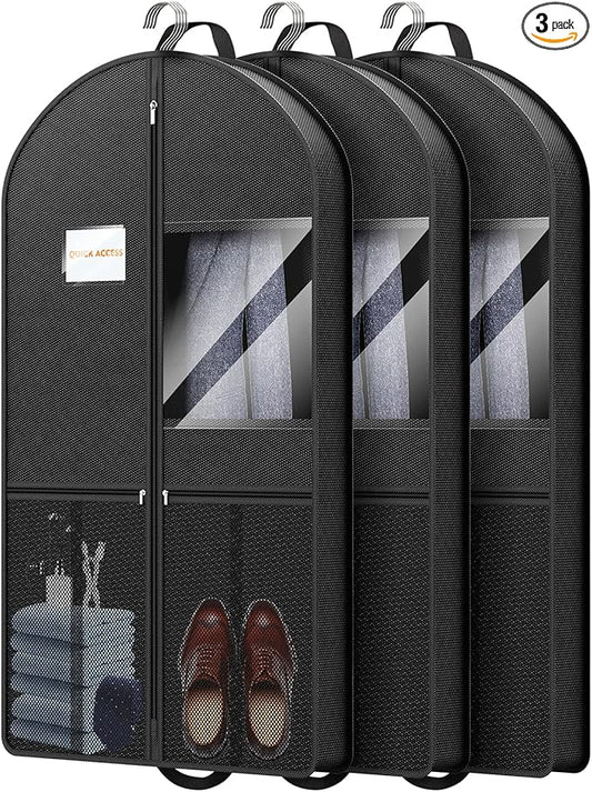 Garment Bag Travel Suit Storage: 43 Inch 3 Packs Fabric Breathable Zippered - Clothes Covers Carry Shoe Pockets Lightweight - Men Travel Wardrobe Protector Hanging Up Multiple