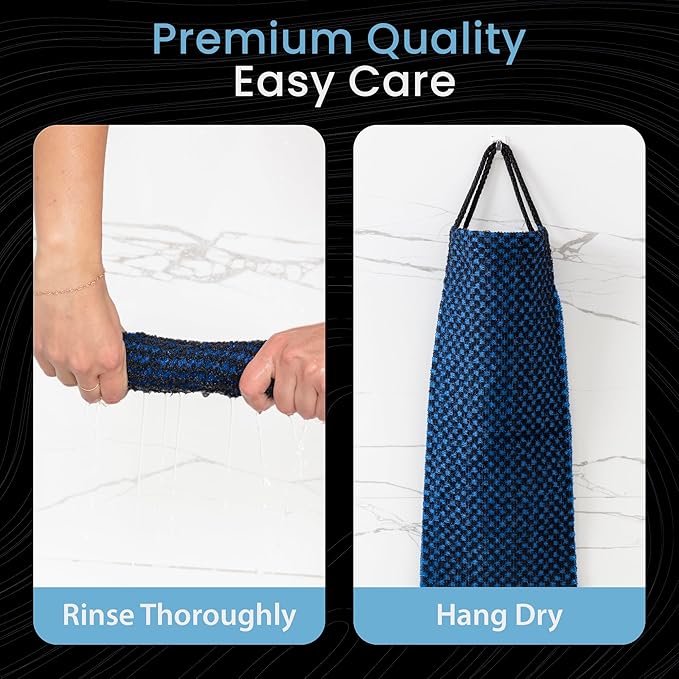 Japanese Exfoliating Washcloth for Back & Body - Charcoal & Silver Ion Exfoliating Towel with Handles - Two-Sided Gentle Exfoliation & Deep Cleansing Soft Body Wash Cloths for Shower - Blue