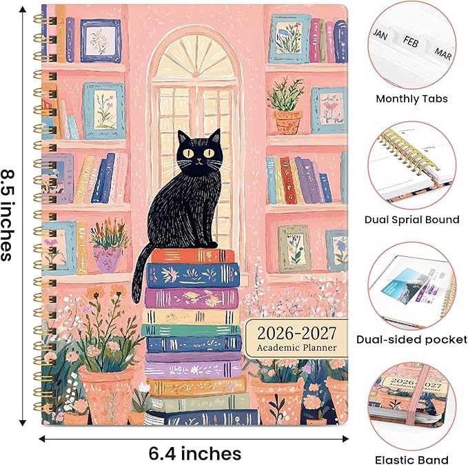 Academic Planner 2026-2027, Weekly and Monthly Calendar Book, July 2026 – June 2027, Hardcover Planner with Tabs, Perfect for Teachers, Students, Women & Men, A5 (6.4" x 8.5") - Cat