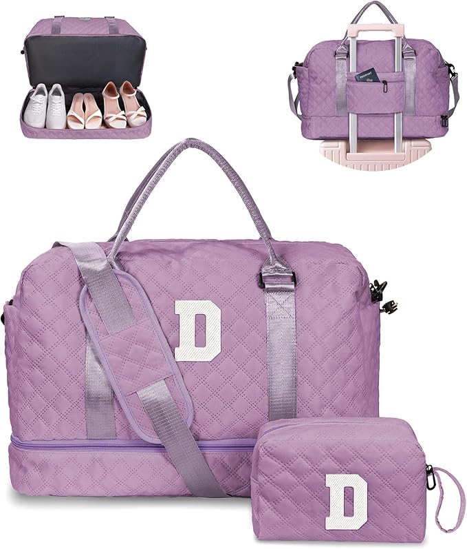 Unique Gifts for Her - Overnight Bags for Women, Personalized Weekender Bag, Monogram Travel Bag for Women with Trolley Sleeve & Wet Pocket, Letter Travel Bag with Makeup Bag (Letter D)
