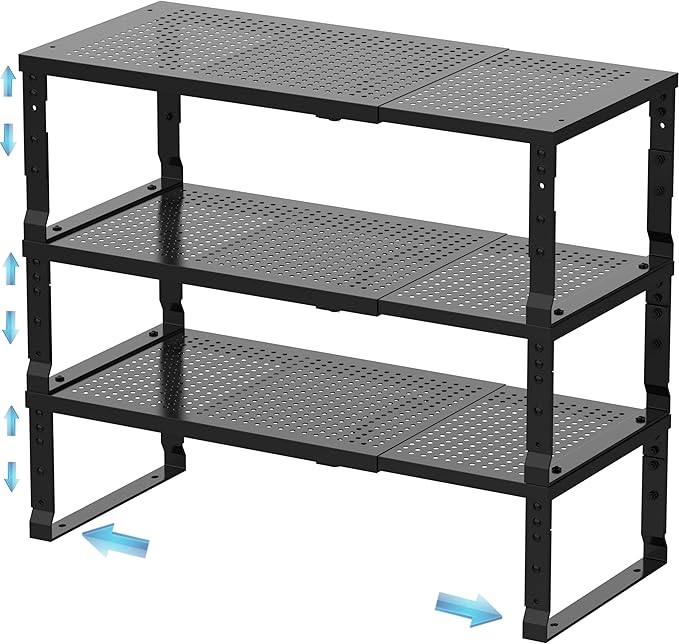 Zilvando Expandable Spice Rack & Kitchen Cabinet Organizer - Stackable, Adjustable Shelves for Cabinets, Countertops, Cupboards & Pantries(3 Packs/Medium/Black)
