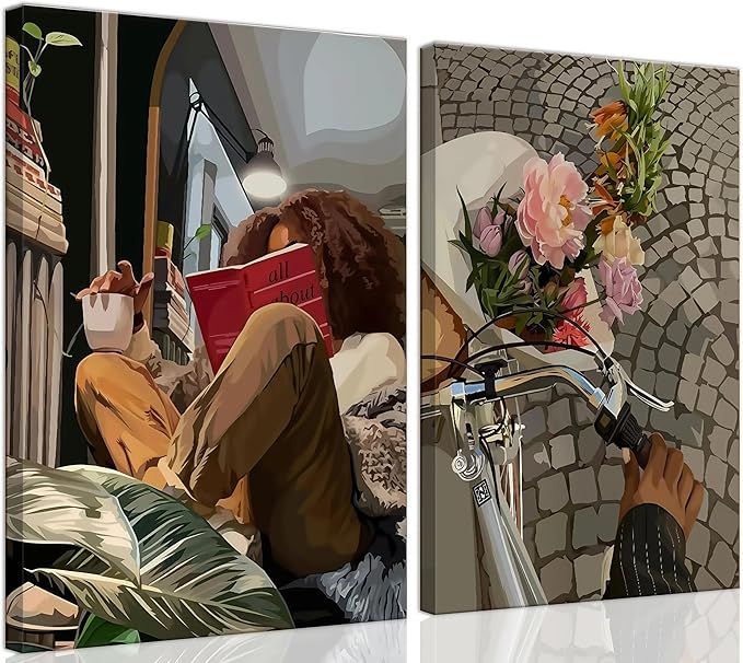 Modern African American Women Wall Art Set of 2,Cozy Reading & Bike Ride with Flowers Painting Canvas Prints,black woman Vintage Aesthetic Poster for Living Room, Bedroom, Office， Framed 16X24in