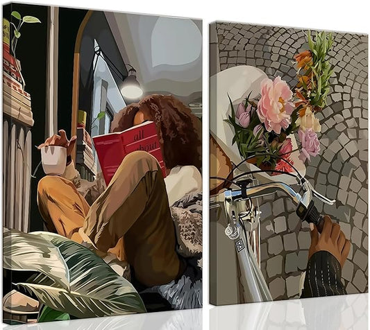 Modern African American Women Wall Art Set of 2,Cozy Reading & Bike Ride with Flowers Painting Canvas Prints,black woman Vintage Aesthetic Poster for Living Room, Bedroom, Office， Framed 16X24in