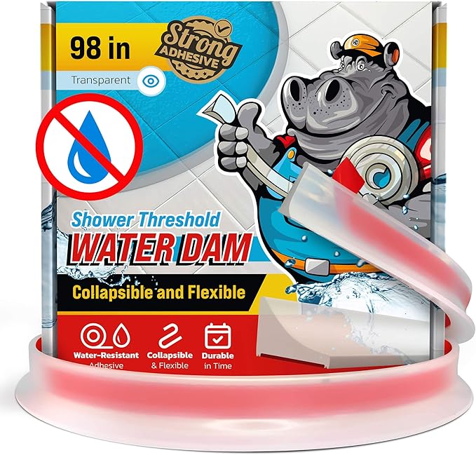 Shower Threshold Water Dam Barrier 98" - Transparent Collapsible Walk in Shower Water Guard - Door Bottom Seal Strip Leak Guard by Hippo Dam