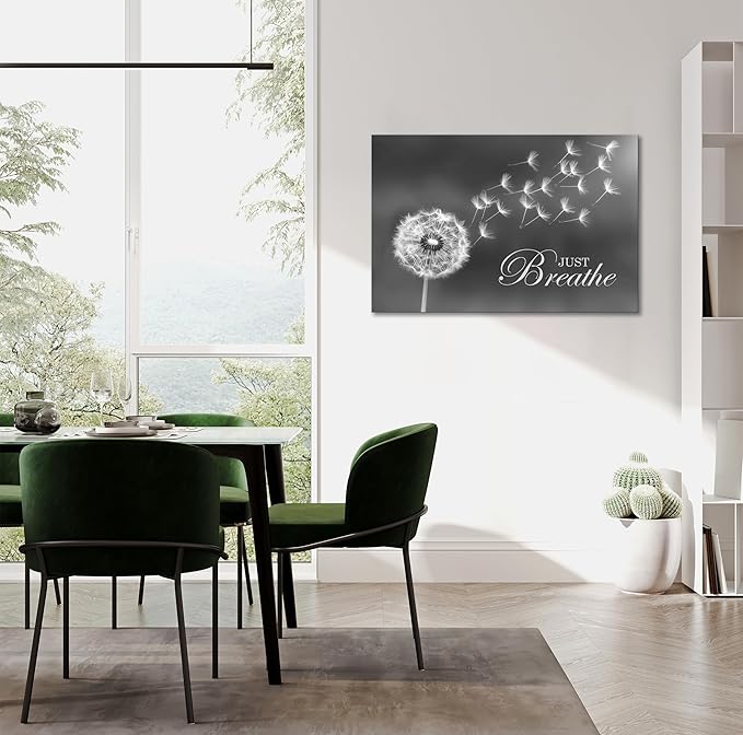SKASNFAI Black and White Dandelion Zen Wall Art Canvas Just Breathe Motivation Positive Picture Art Print for Spa Yoga Meditation Wall Decor Ready to Hang (24L x 36W)