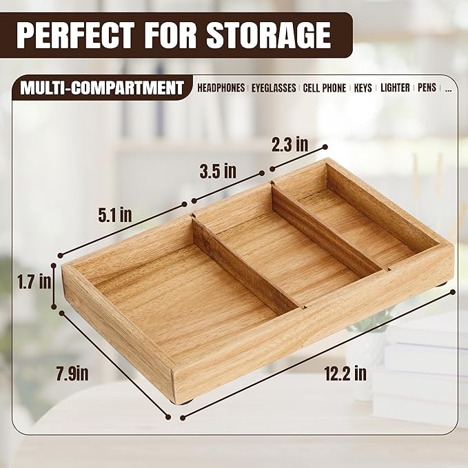 Wooden Valet Tray for Men – 12.2x7.9 in Acacia Catchall EDC Dump Tray with Removable Dividers, Nightstand Organizer for Keys, Wallet, Phone, Watch, Office Accessories
