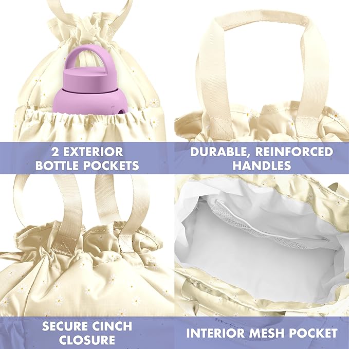 Fit & Fresh Cromwell Drawstring Lunch Bag for Women, Complete Lunch Set with 2 Containers, Stain-Resistant, Leak-Resistant, Back to School Essential, Teacher Lunchbox, Ivory Daisies