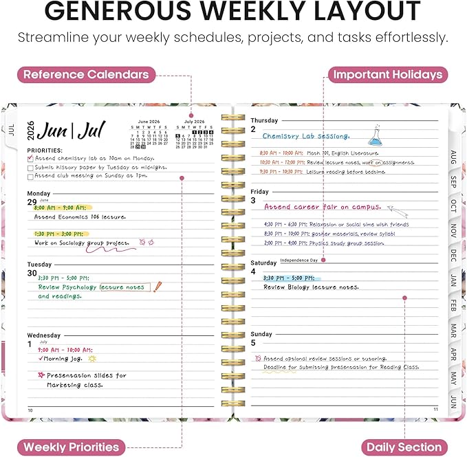 Planner 2026-2027, Academic Year Monthly and Weekly Calendar Planner, Jul 2026 - Jun 2027, Hardcover Teacher Student Planning Agenda book with Tabs, Perfect for School Office Supplies, 8.5" x 11" - Songbird Bloom