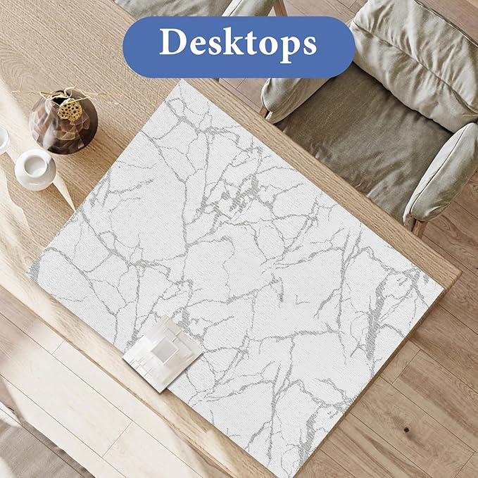 Drawer and Shelf Liner for Kitchen Cabinet: 17 in x 20 ft Non-Slip Waterproof Shelf Paper, Non-Adhesive Refrigerator Liners, Silver Marble Easy Liners for Bathroom with Knife and Tape Measure
