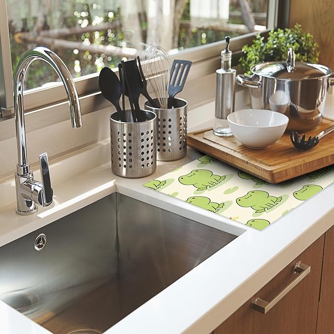 UIUPRO Cute Green Frog Dish Drying Mats 18x24 Inch, Dish Pad Drying Rack Mat for Kitchen Counter Ultra Absorbent Microfiber Dishware Coffee Maker Bar Countertop Decor