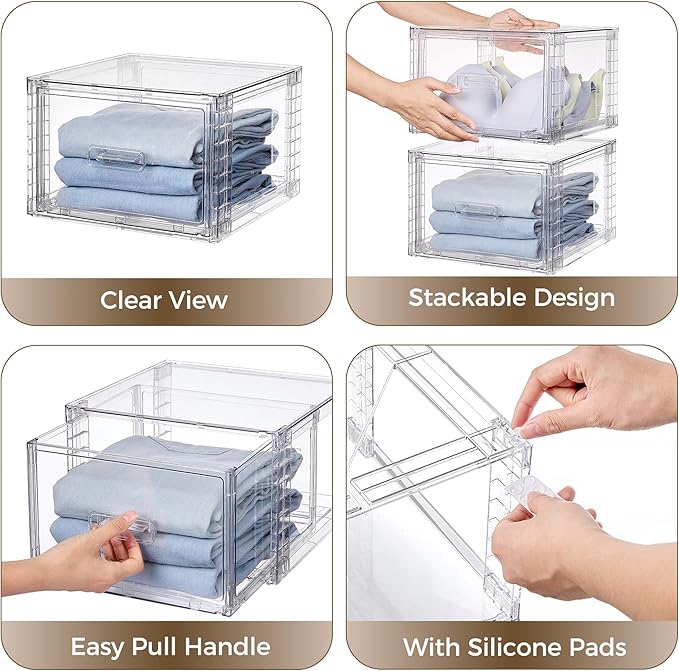 Vtopmart 9 Pack 18QT Clear Stackable Storage Drawers, Easily Assembled Closet Organizers, Plastic Storage Bins for Bathroom, Cabinet, Kitchen Pantry, Under Sink Organization (Medium)