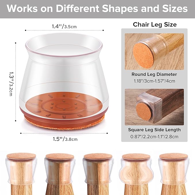 Violibar Upgraded Silicone Chair Leg Floor Protectors for Hardwood Floors, Furniture Sliders, Felt Bottom Furniture Pads, Round&Square Cap Covers to Prevent Scratches and Reduce Noise, Transparent, 24pcs