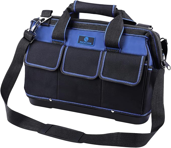 Tool Bag 16'', Multi-pocket Tool Organizer with Water Proof Plastic Base, Heavy Duty Tote with Shoulder Strap for Tool Storage, Black & Blue