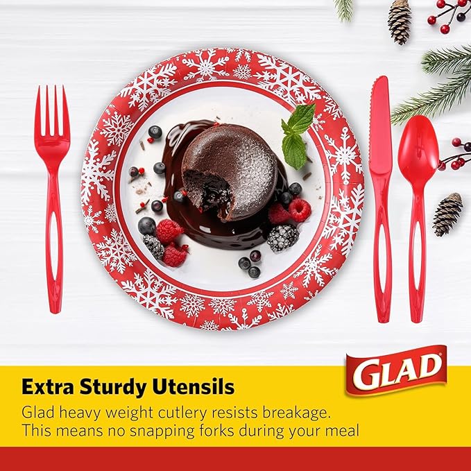 Glad Assorted Plastic Cutlery Set | Extra Heavy Duty Red Forks, Knives, and Spoons | 1,152 Count Set of Disposable Party Utensils, Sturdy Cutlery