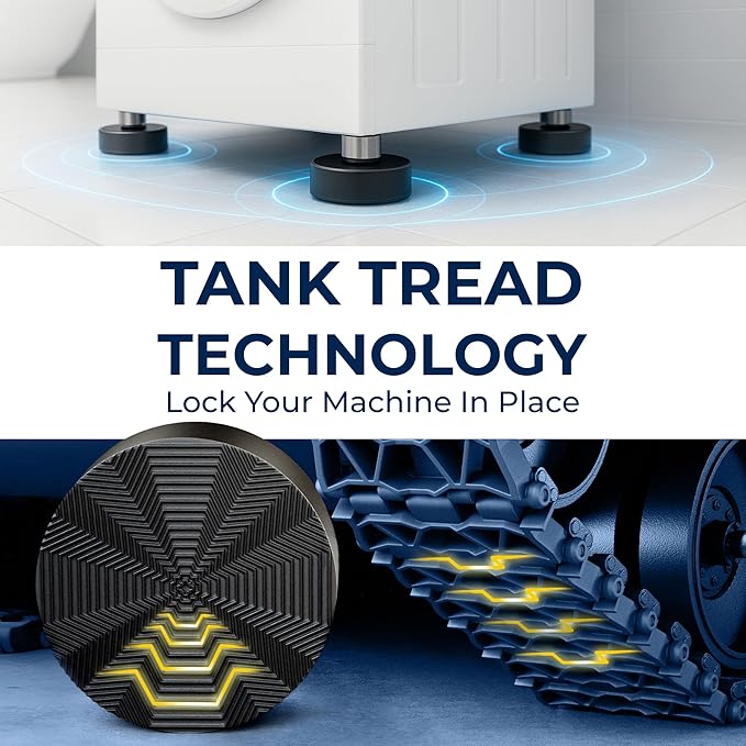 Anti Vibration Pads for Washing Machine with Tank Tread Grip | 8 Pack + Level | Check Compatibility, Fits Most Round Feet up to 1.75” | Stops Washer Dryer from Moving | Rubber Antivibration Stabilizer
