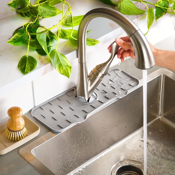 Ternal Silicone Faucet Handle Drip Catcher Tray Mat, Silicone Faucet Mat Dish Soap Sponge Holder for Kitchen Sink Accessories Gadgets, Drying Mat for Kitchen Counter Bathroom Kitchen Sink [Grey]