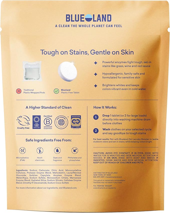 BLUELAND Laundry Detergent Tablets, 36 Count, Spring Bloom Scent, Plastic-Free Eco-Friendly Pods, Sheets, Liquid Alternative - Safe for Sensitive Skin, Gentle