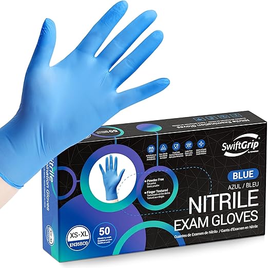 SwiftGrip Disposable Nitrile Exam Gloves, Blue, Nitrile Gloves Disposable Latex Free, Medical Gloves, Cleaning Gloves, Food-Safe Rubber Gloves, Powder Free, Non-Sterile, 50-ct Box (Small)