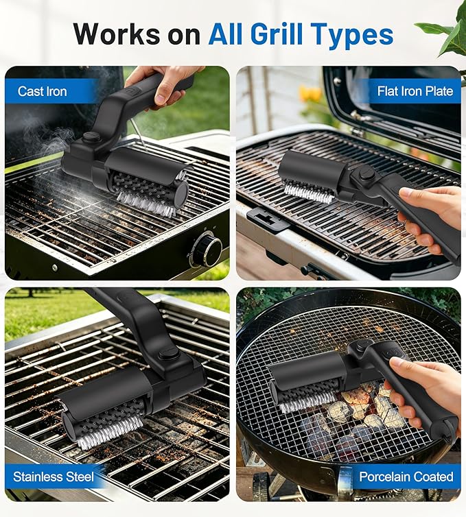 Electric Grill Brush 2-in-1 Automatic Grill Cleaner with Adjustable Angle, Includes 3-Speed Power Motor Stainless Steel & Scouring Pad Heads, Waterproof Cleaning Tool for for BBQ Grates & Griddles
