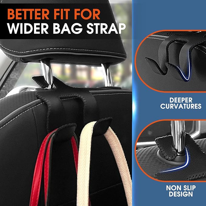 LANVRION Car Headrest Hooks for Purses and Bags, Upgraded 2 in 1 Cars Back Seat Head Rest Hanger Vehicle Leather Organizer Storage Holder Hook Matching Cars Interior, 1-Pack, Brown