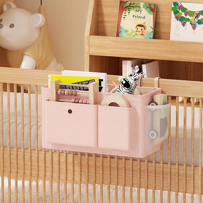 Bedside Caddy Bedside Organizer with Fixed Straps & Water Bottle Holder, Bunk Bed Caddy ideal for Home, Dorm, Hospital, Crib, Versatile Bedside Storage Solution (Pink)