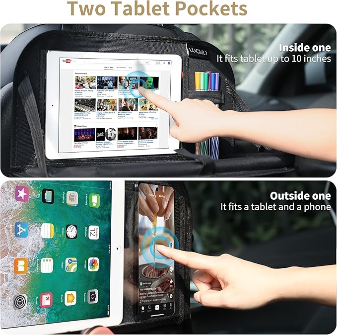 LUCMO Car Backseat Organizer with Tablet Holder, 6 Storage Pockets Car Storage Organizer with Foldable Food Tray, Protectors Kick Mats Travel Accessories - Black