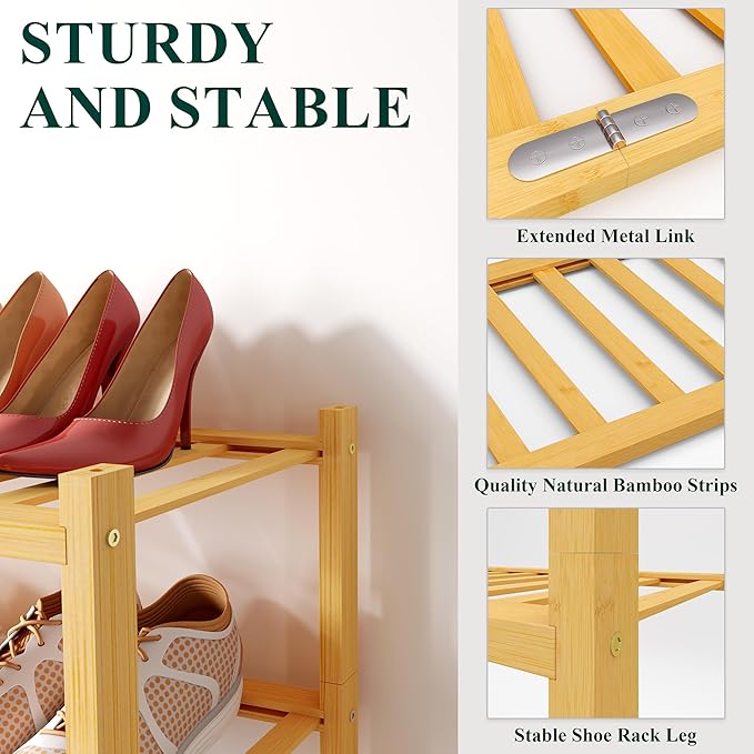 Smiry Bamboo Shoe Rack for Closet, 2 Tier Wooden Stackable Shoe Organizer, Free Standing Shoes Storage Shelf for Entryway, Front Door Entrance, Natural