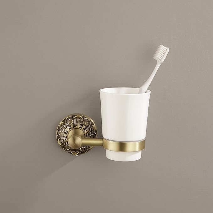 Antique Brass Toothbrush Holder, Wall Mounted Bathroom Tumbler Cup Set, Vintage Gold Decorative Bathroom Accessories, Ceramic and Brass, Petal-Relief Series