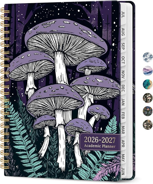 Planner 2026-2027, Academic Monthly and Weekly Calendar Planner for Women, July 2026 - June 2027, Hardcover Pretty Agenda Planner Book with Tabs, Spiral Daily Organizer for School Office Home Supplies, 6.3" x 8.5" - Enchanted Fungi
