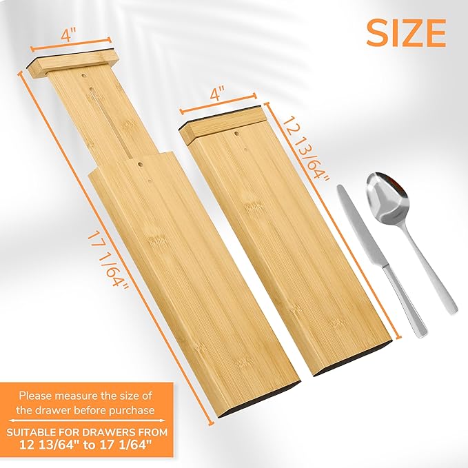 BAMEOS 4 PCS Bamboo Drawer Dividers, Adjustable Drawer Dividers, Kitchen Drawer Organization, Utensil Organizers for Kitchen, Dresser, Bathroom, Bedroom, and Office