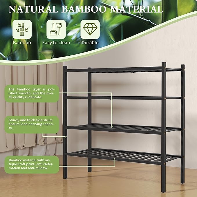 ROMGUAR CRAFT 4 Tier Bamboo Shoe Rack for Closet, Free-Standing Wood Shoe Shelf for Entryway Small Space, Stackable, 27"x11"x26" (Black)